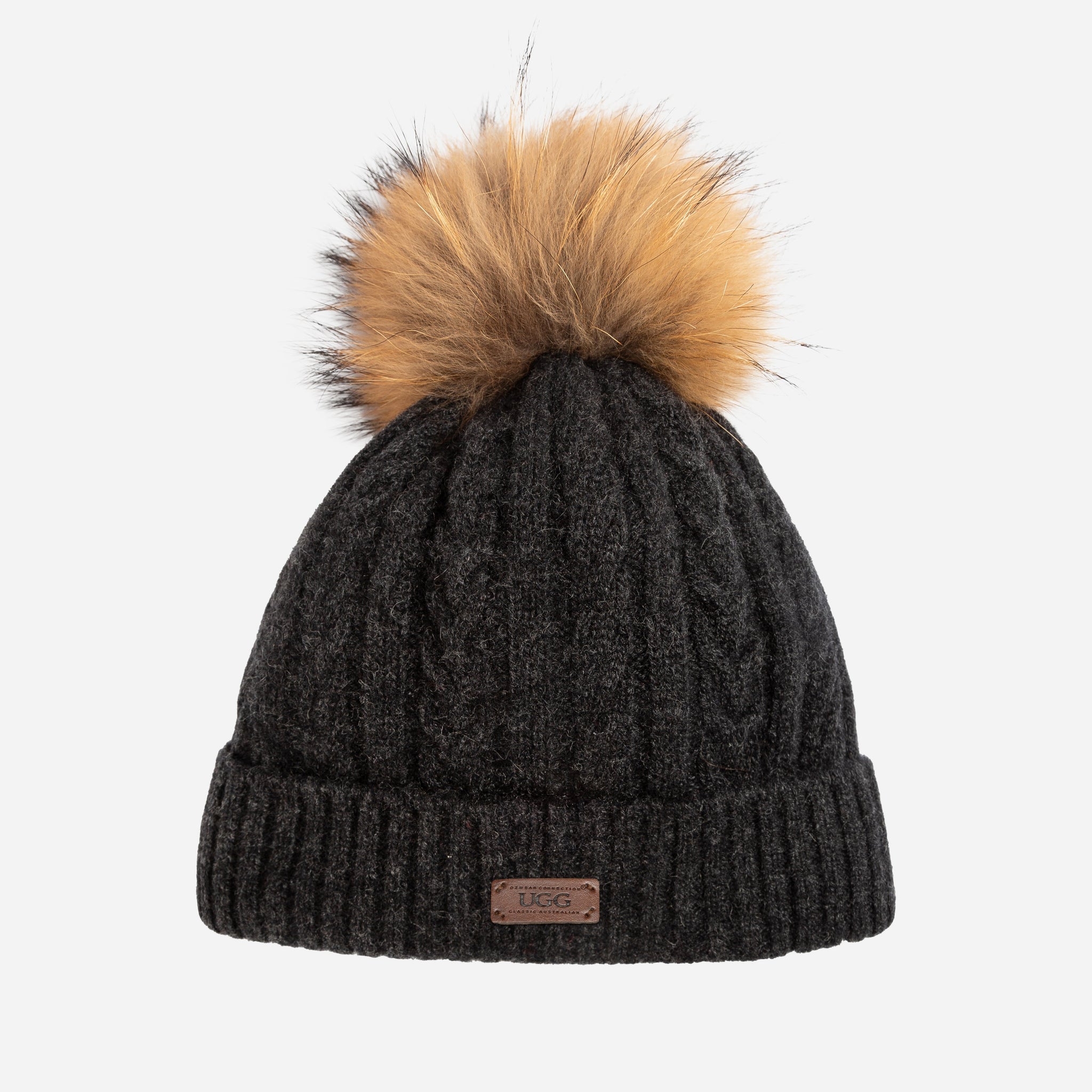 Ugg Cable Knit Pure Cashmere Beanie With Detachable Pom Pom (Raccoon) - Charcoal Grey (Melange)