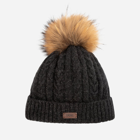 Ugg Cable Knit Pure Cashmere Beanie With Detachable Pom Pom (Raccoon) - Charcoal Grey (Melange)
