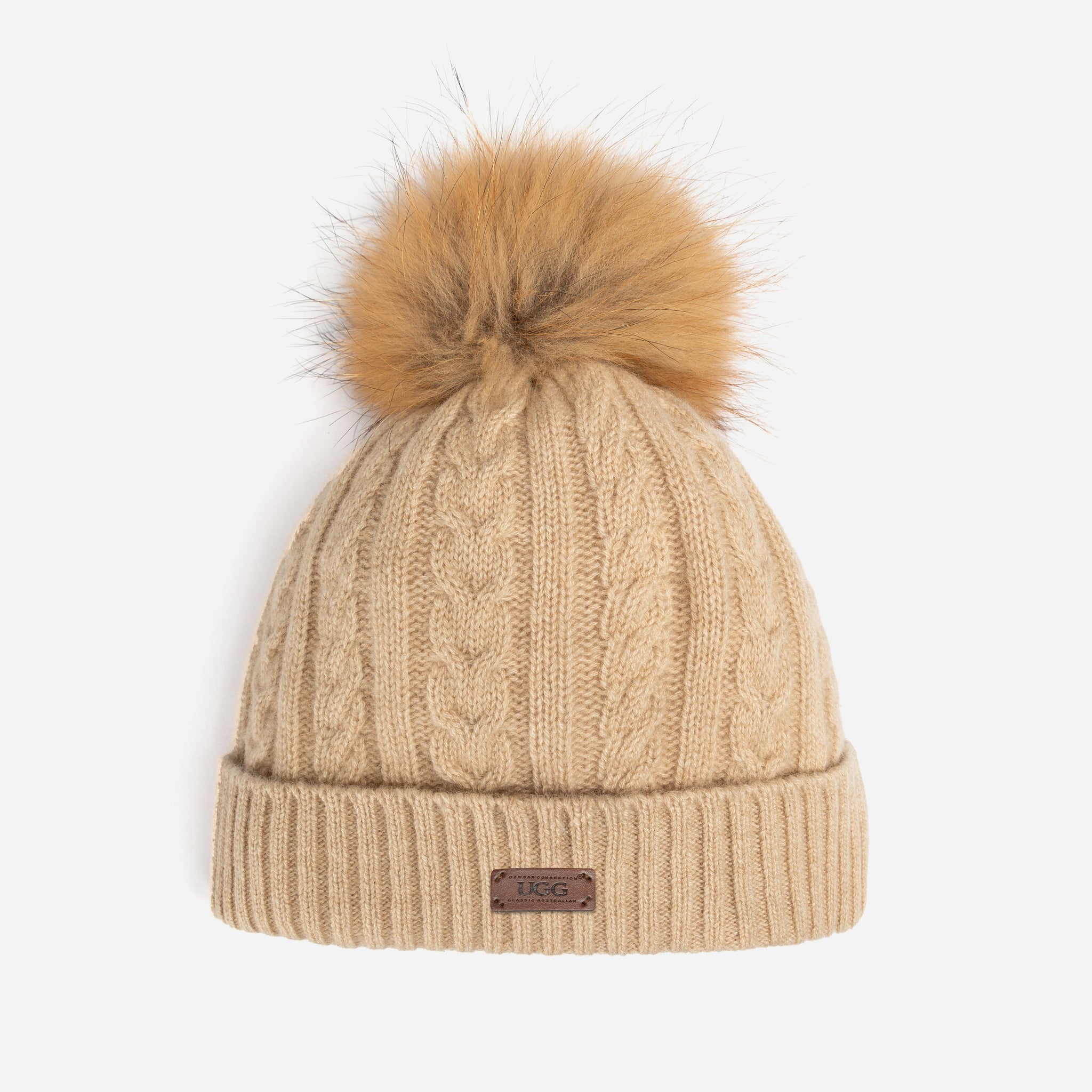 Ugg Cable Knit Pure Cashmere Beanie With Detachable Pom Pom (Raccoon) - Natural Beige (Melange)