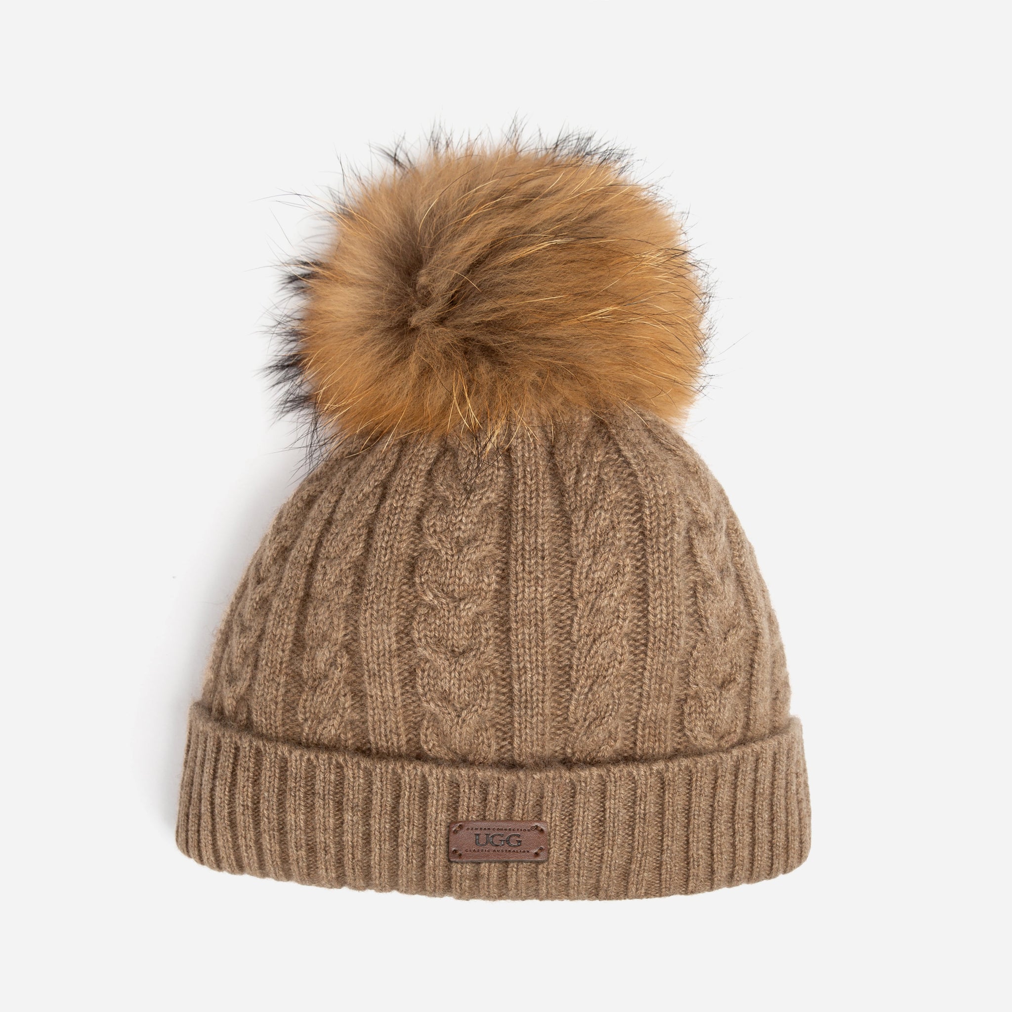 Ugg Cable Knit Pure Cashmere Beanie With Detachable Pom Pom (Raccoon) - Natural Brown (Melange)