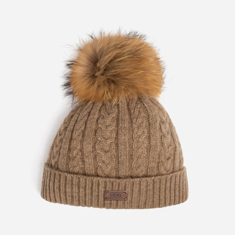 Ugg Cable Knit Pure Cashmere Beanie With Detachable Pom Pom (Raccoon) - Natural Brown (Melange)