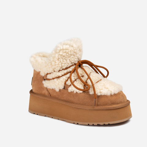 Ugg Classic Fluffy Lace-Up Platform Mini Snow Boots (4.5cm) (Water Resistant) - CHESTNUT
