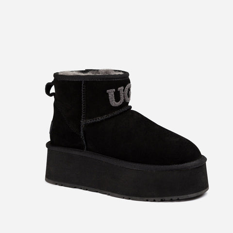 Ugg Classic Platform Knit Logo Mini Boots (Water Resistant) (5cm) - BLACK