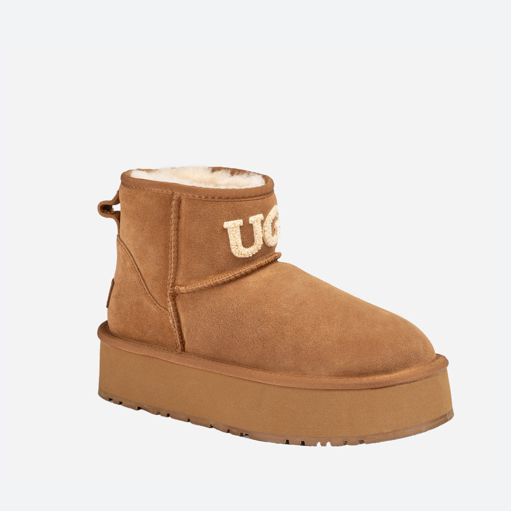 Ugg Classic Platform Knit Logo Mini Boots (Water Resistant)(4cm) - CHESTNUT