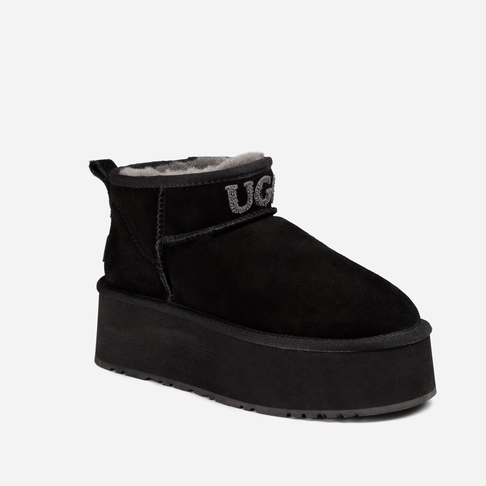 Ugg Classic Platform Knit Logo Ultra Mini Boots (Water Resistant) (5cm) - BLACK