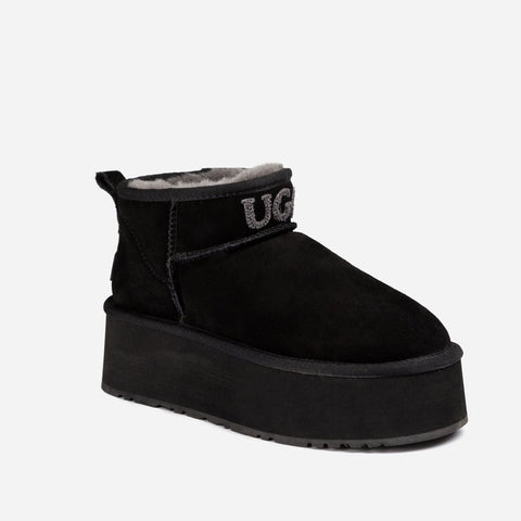 Ugg Classic Platform Knit Logo Ultra Mini Boots (Water Resistant) (5cm) - BLACK