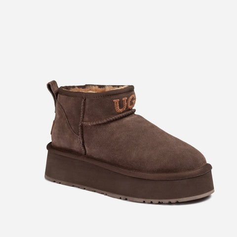 Ugg Classic Platform Knit Logo Ultra Mini Boots (Water Resistant)(4cm) - CHOCOLATE