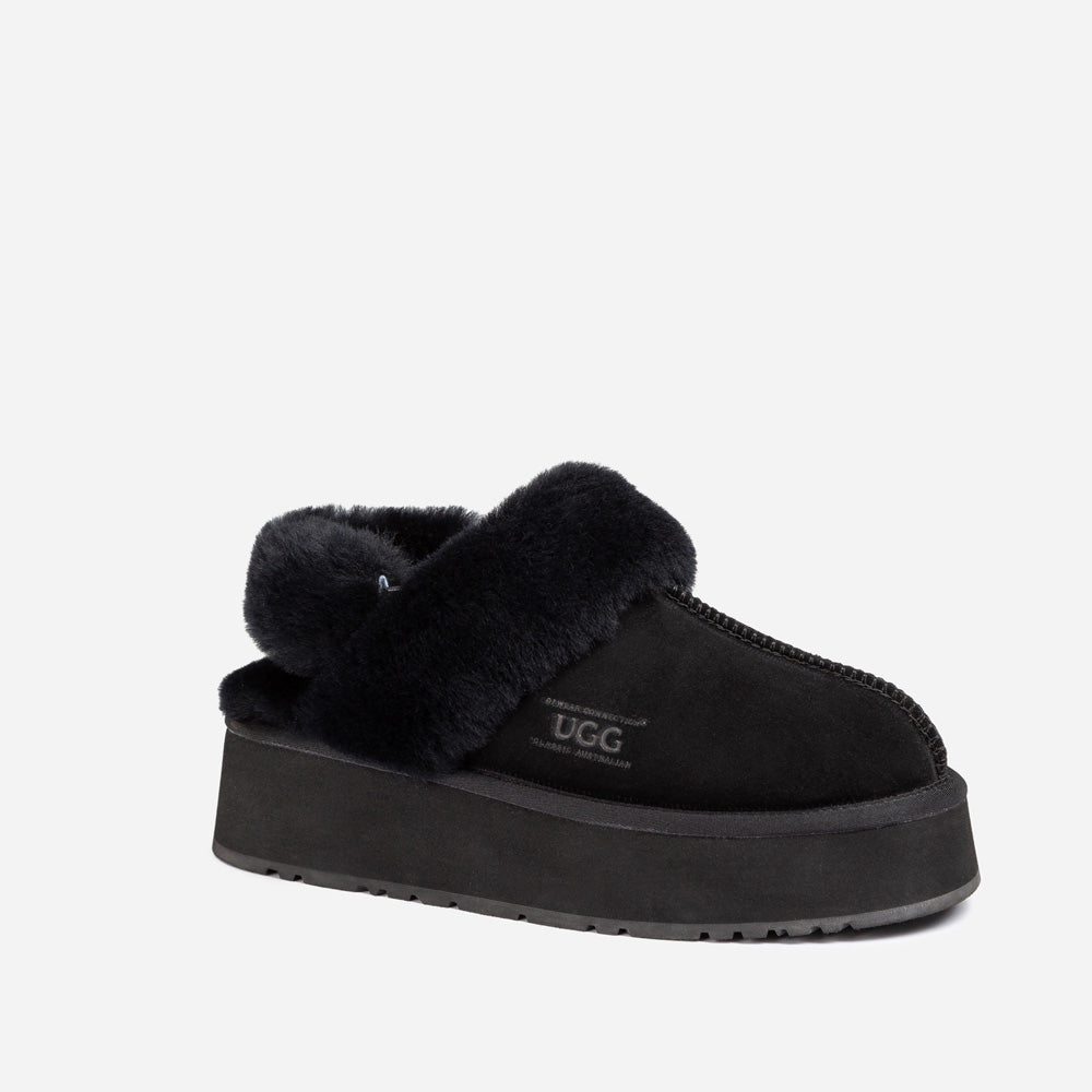 Ugg Platform Slipper (Elastic Logo & Wool Strap) 4.5cm (Detachable Feature)(Water Resistant) - BLACK