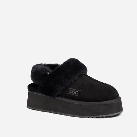 Ugg Platform Slipper (Elastic Logo & Wool Strap) 4.5cm (Detachable Feature)(Water Resistant) - BLACK