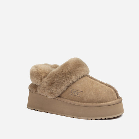 Ugg Platform Slipper (Elastic Logo & Wool Strap) 4.5cm (Detachable Feature)(Water Resistant) - OLIVE