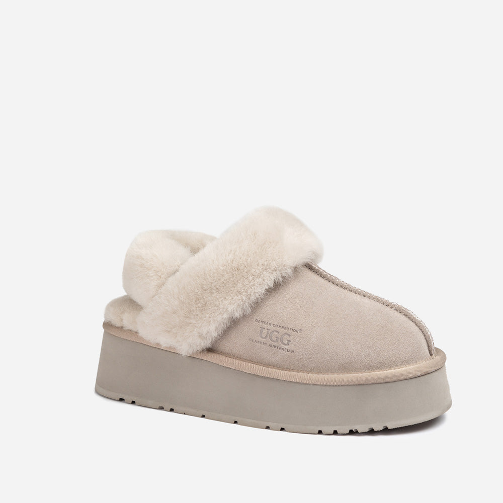 Ugg Platform Slipper (Elastic Logo & Wool Strap) 4.5cm (Detachable Feature)(Water Resistant) - TAUPE