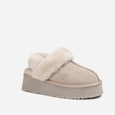 Ugg Platform Slipper (Elastic Logo & Wool Strap) 4.5cm (Detachable Feature)(Water Resistant) - TAUPE