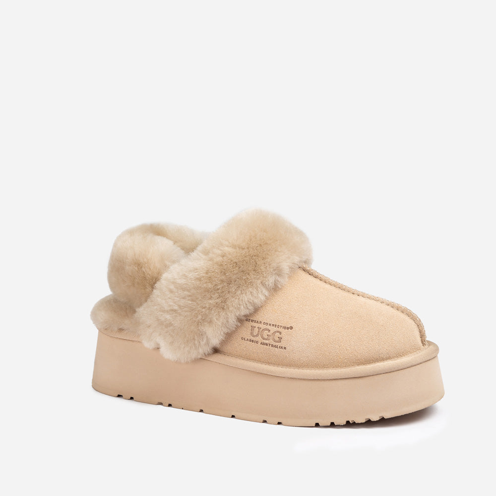 Ugg Platform Slipper (Elastic Logo & Wool Strap) 4.5cm (Detachable Feature)(Water Resistant) - BEIGE