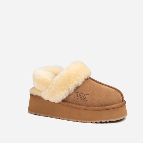 Ugg Platform Slipper (Elastic Logo & Wool Strap) 4.5cm (Detachable Feature)(Water Resistant) - CHESTNUT