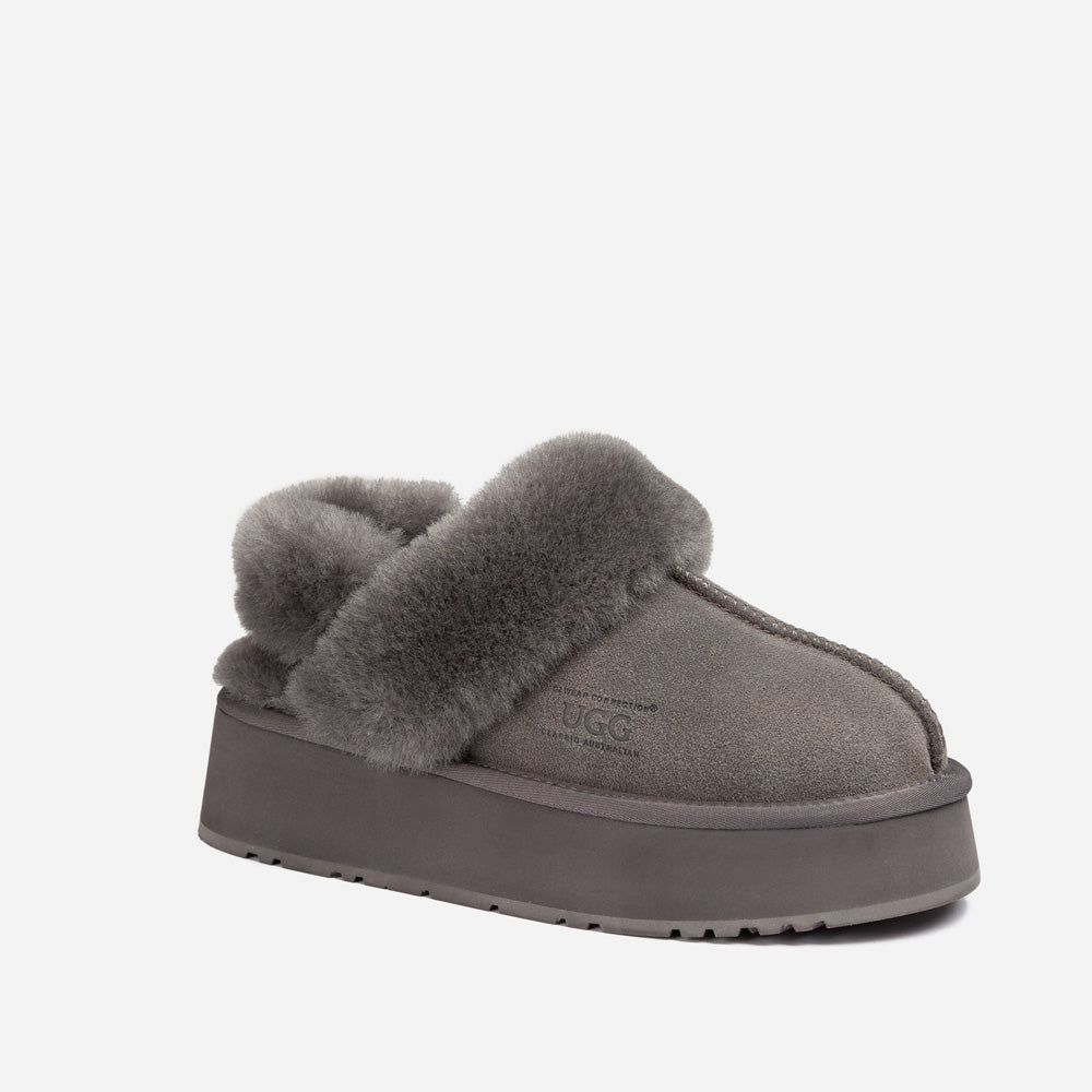 Ugg Platform Slipper (Elastic Logo & Wool Strap) 4.5cm (Detachable Feature)(Water Resistant) - GREY