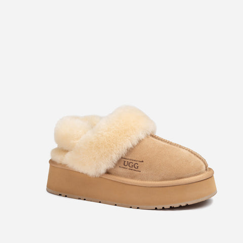 Ugg Platform Slipper (Elastic Logo & Wool Strap) 4.5cm (Detachable Feature)(Water Resistant) - SAND