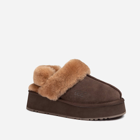 Ugg Platform Slipper (Elastic Logo & Wool Strap) 4.5cm (Detachable Feature)(Water Resistant) - CHOCOLATE