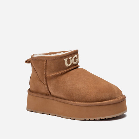 Ugg Classic Platform Knit Logo Ultra Mini Boots (Water Resistant)(4cm) - CHESTNUT