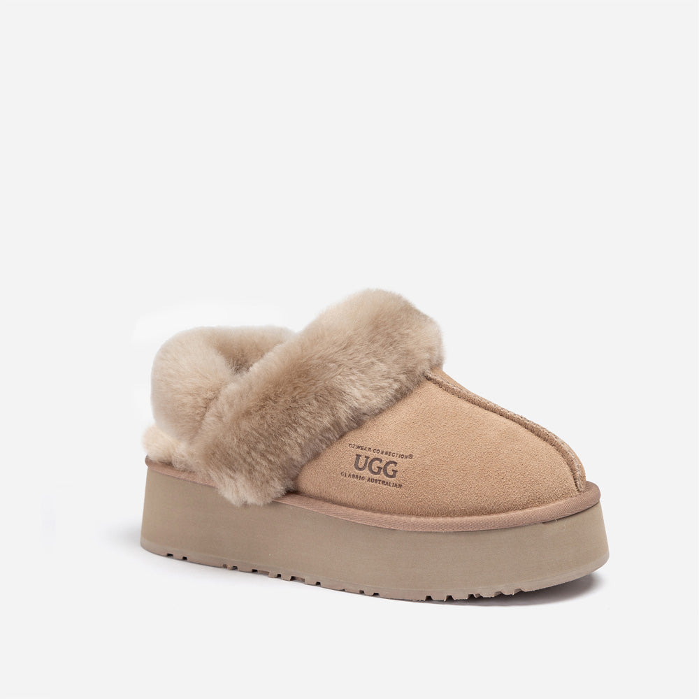 Ugg Platform Slipper (Elastic Logo & Wool Strap) 4.5cm (Detachable Feature)(Water Resistant) - BROWN