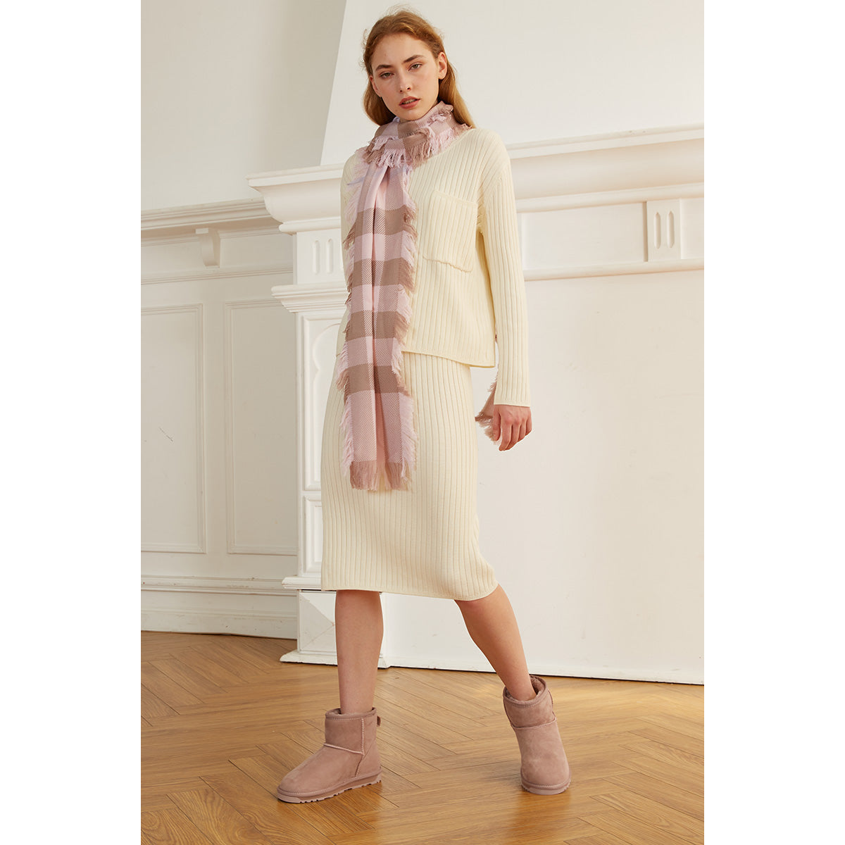 fringed check wool scarf