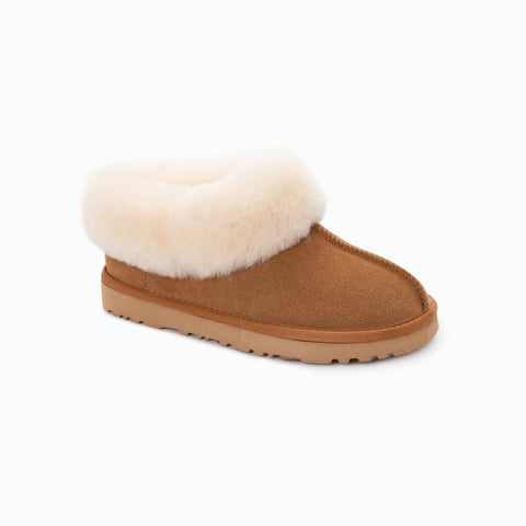 Ugg Slippers Collar Unisex Premium Sheepskin Slippers Suede - Chestnut