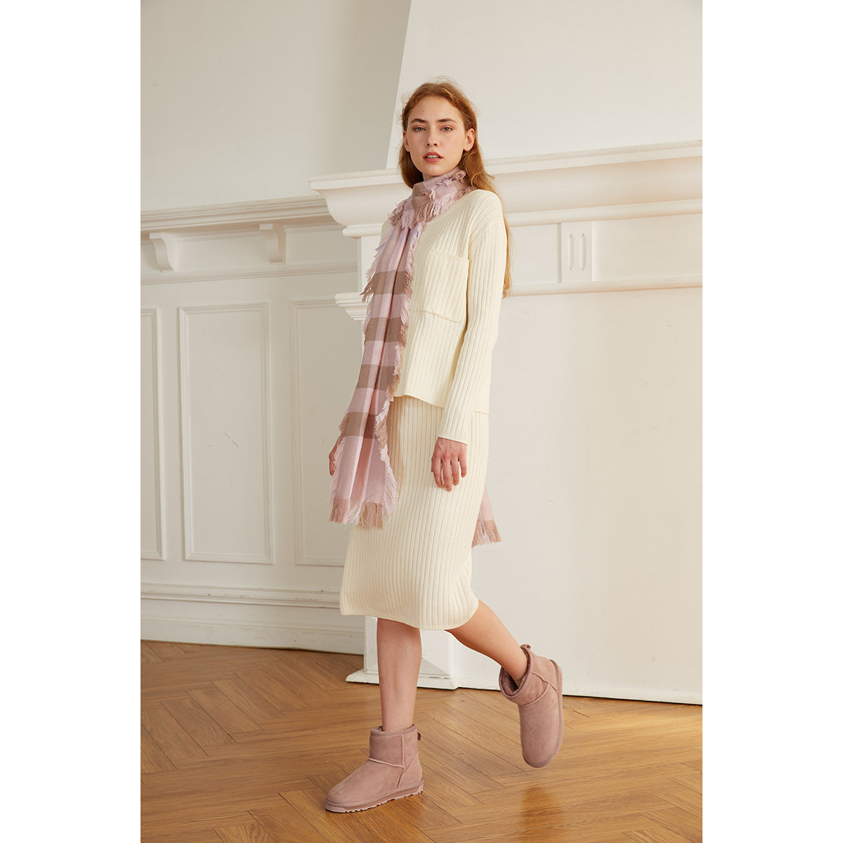 fringed check wool scarf
